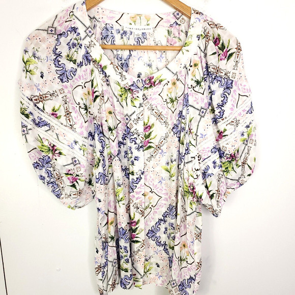 Jane Delancey Top Womens Size L Puff Sleeve Floral Patchwork Frames Colorful - Picture 1 of 10